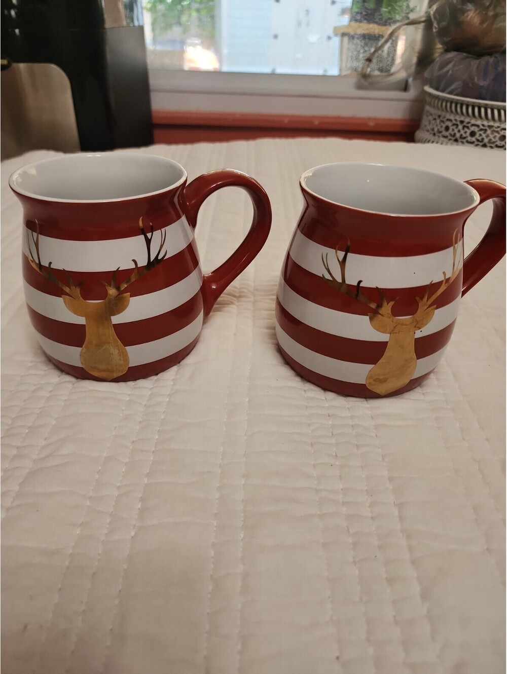 Set 2 Room & Retreat Tazas Rojas Con Rayas Blanca Navideña De Ceramica Con Reno